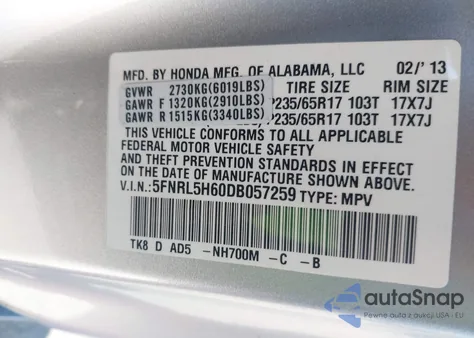 2013 Honda Odyssey Ex-L z USA, uszkodzony, nr VIN 5FNRL5H60DB057259